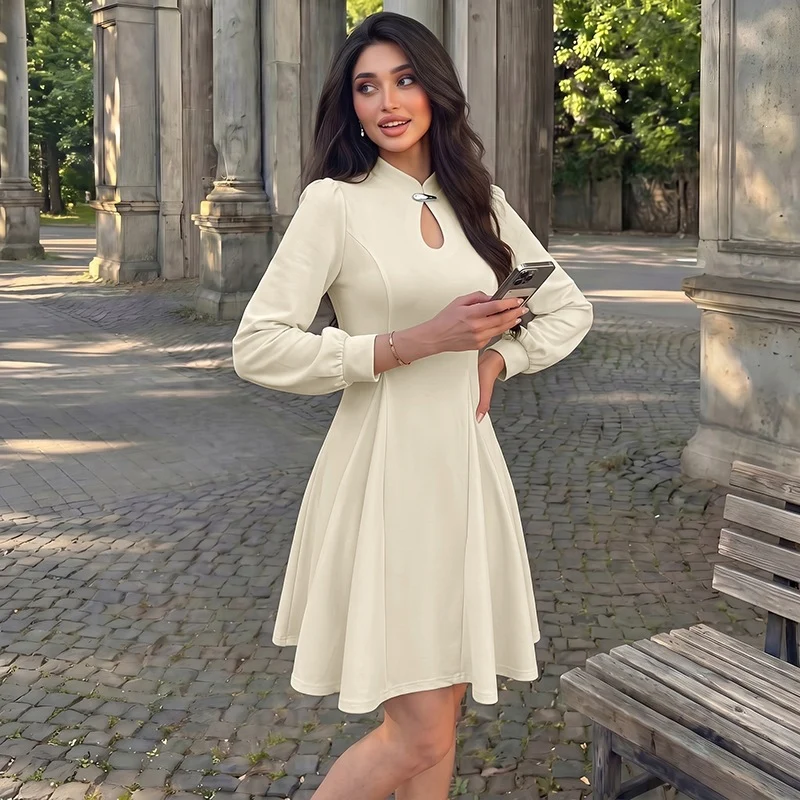 Damen Elegantes tailliertes Skaterkleid mit Stehkragen, Schlüsselloch-Detail & langen Ballonärmeln Nord Taschen
