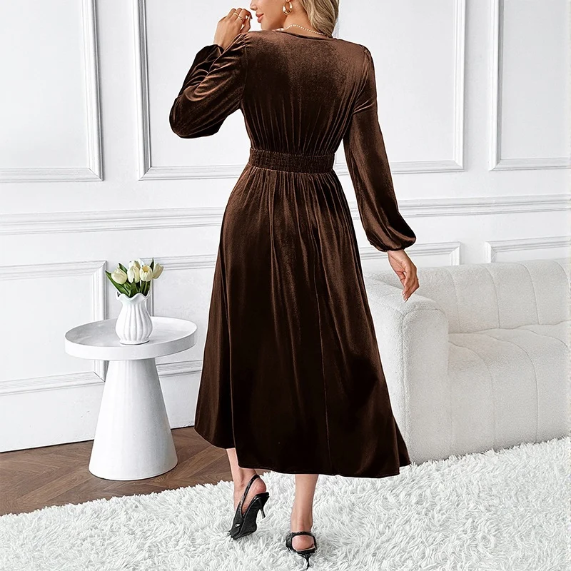 Damen Elegantes Samtkleid mit V‑Ausschnitt, Spitzenbesatz und taillierter Midilänge Nord Taschen