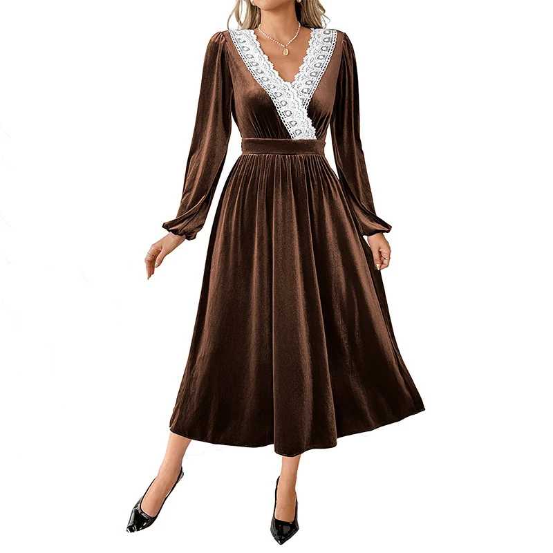 Damen Elegantes Samtkleid mit V‑Ausschnitt, Spitzenbesatz und taillierter Midilänge Nord Taschen