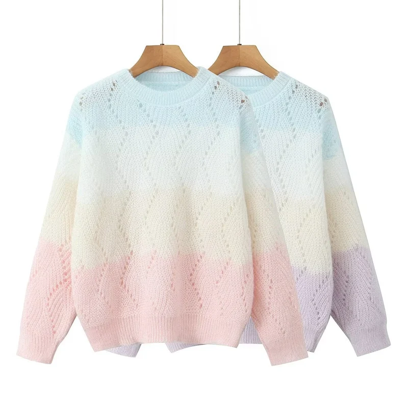 Damen Ajourgestrickter Oversize-Pullover mit Farbverlauf und Rundausschnitt Nord Taschen