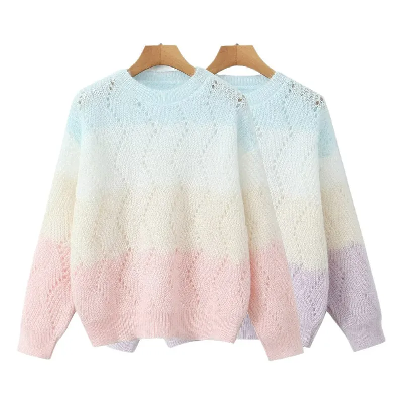 Damen Ajourgestrickter Oversize-Pullover mit Farbverlauf und Rundausschnitt Nord Taschen