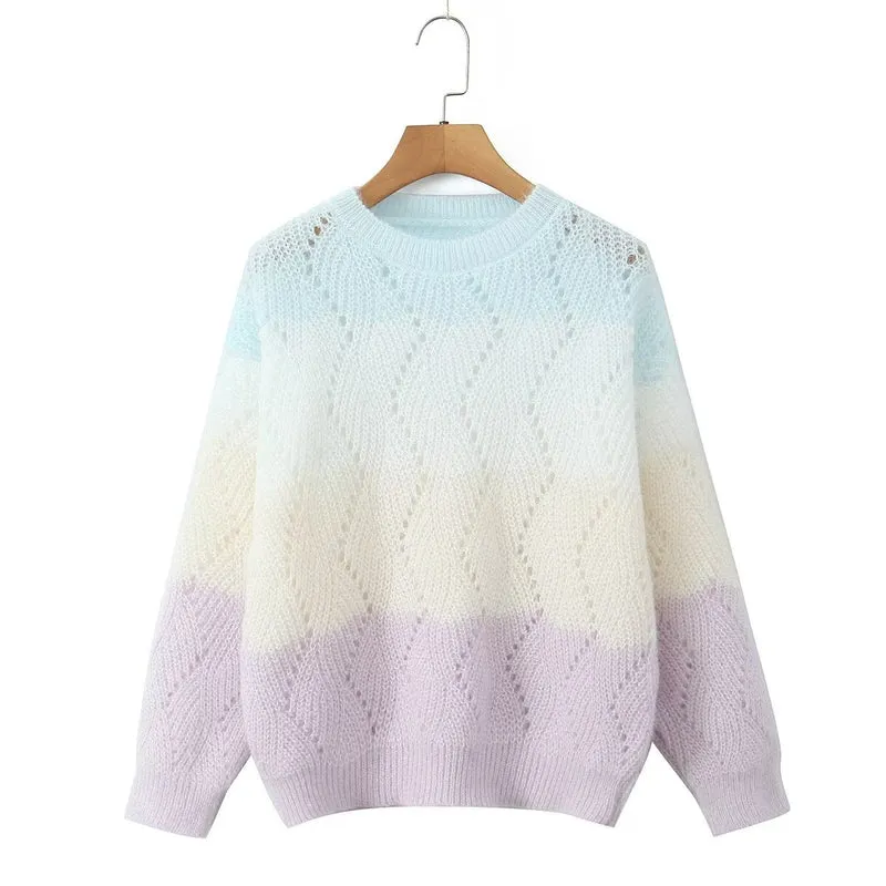 Damen Ajourgestrickter Oversize-Pullover mit Farbverlauf und Rundausschnitt Nord Taschen