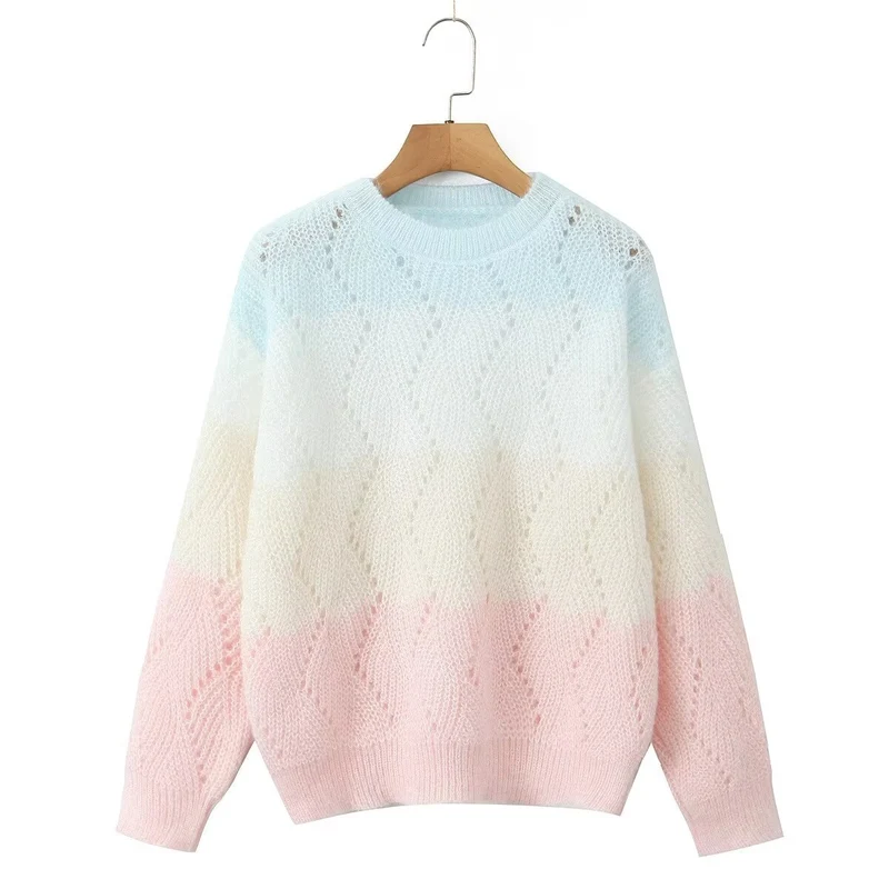 Damen Ajourgestrickter Oversize-Pullover mit Farbverlauf und Rundausschnitt Nord Taschen