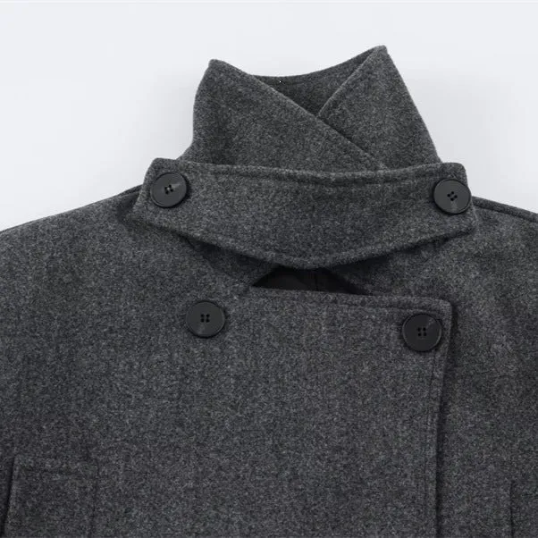 Herren Kurzer doppeltreihiger Wollmantel mit Stehkragen und Taillengürtel Nord Taschen
