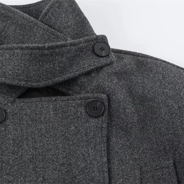 Herren Kurzer doppeltreihiger Wollmantel mit Stehkragen und Taillengürtel Nord Taschen
