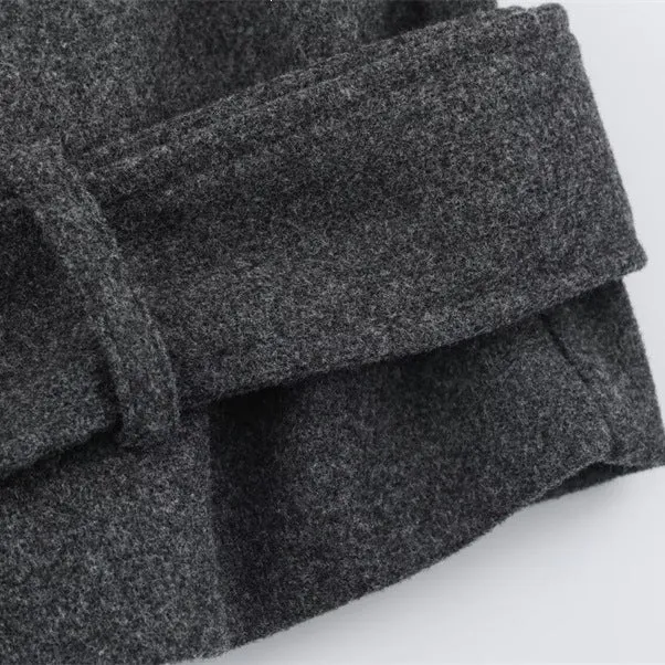 Herren Kurzer doppeltreihiger Wollmantel mit Stehkragen und Taillengürtel Nord Taschen