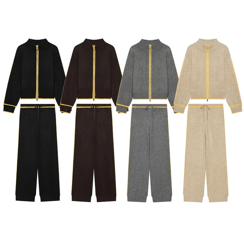 Damen Zweiteiliges Strick-Loungewear-Set mit kurzem Reißverschluss-Cardigan und hoher Bund-Palazzo-Hose Nord Taschen