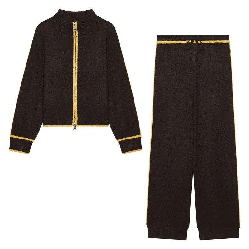 Damen Zweiteiliges Strick-Loungewear-Set mit kurzem Reißverschluss-Cardigan und hoher Bund-Palazzo-Hose Nord Taschen