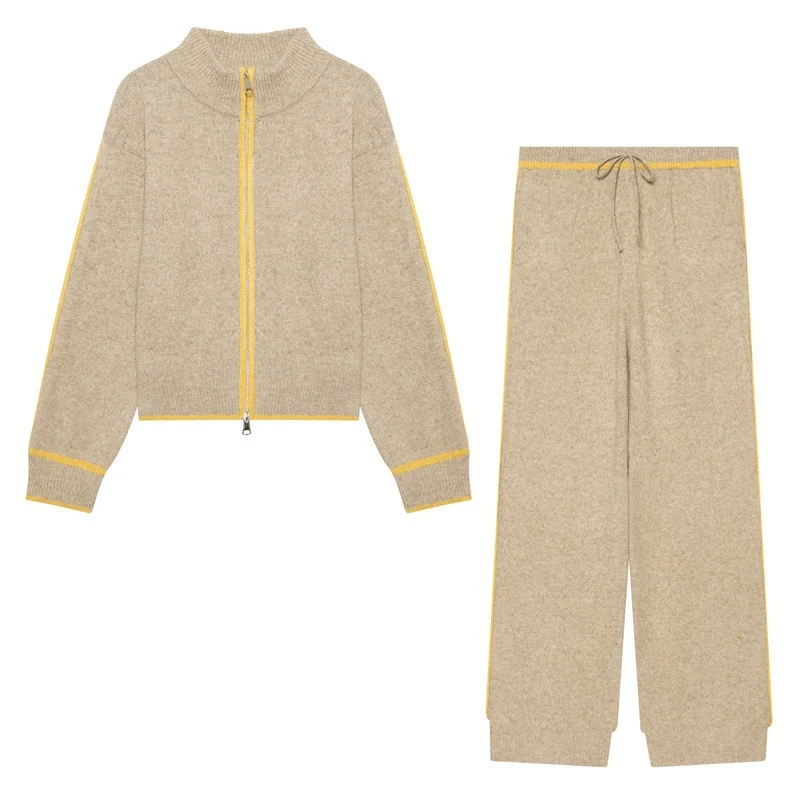 Damen Zweiteiliges Strick-Loungewear-Set mit kurzem Reißverschluss-Cardigan und hoher Bund-Palazzo-Hose Nord Taschen