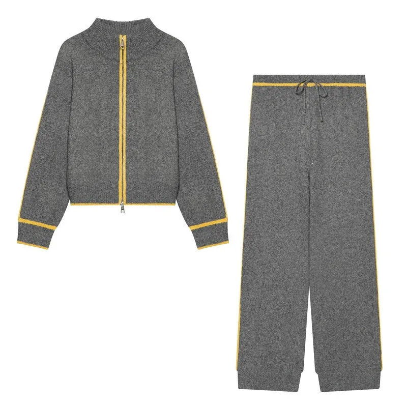 Damen Zweiteiliges Strick-Loungewear-Set mit kurzem Reißverschluss-Cardigan und hoher Bund-Palazzo-Hose Nord Taschen