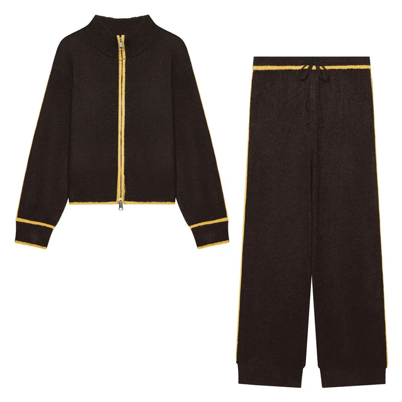 Damen Zweiteiliges Strick-Loungewear-Set mit kurzem Reißverschluss-Cardigan und hoher Bund-Palazzo-Hose Nord Taschen