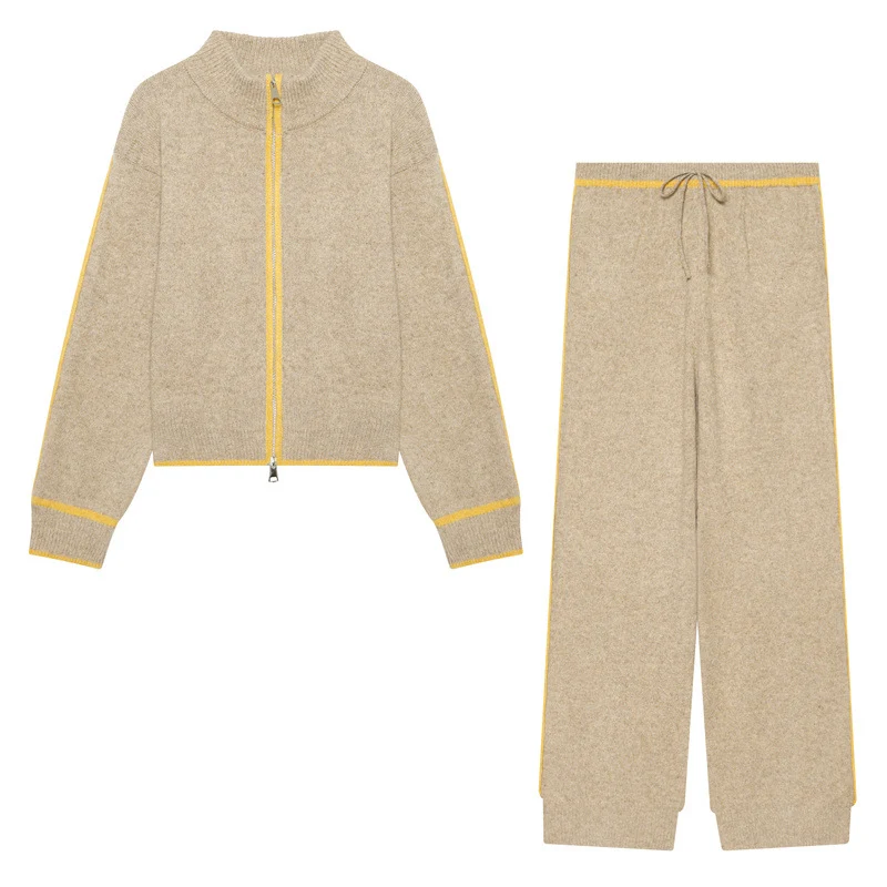 Damen Zweiteiliges Strick-Loungewear-Set mit kurzem Reißverschluss-Cardigan und hoher Bund-Palazzo-Hose Nord Taschen