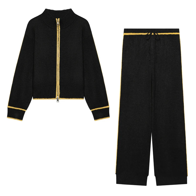 Damen Zweiteiliges Strick-Loungewear-Set mit kurzem Reißverschluss-Cardigan und hoher Bund-Palazzo-Hose Nord Taschen