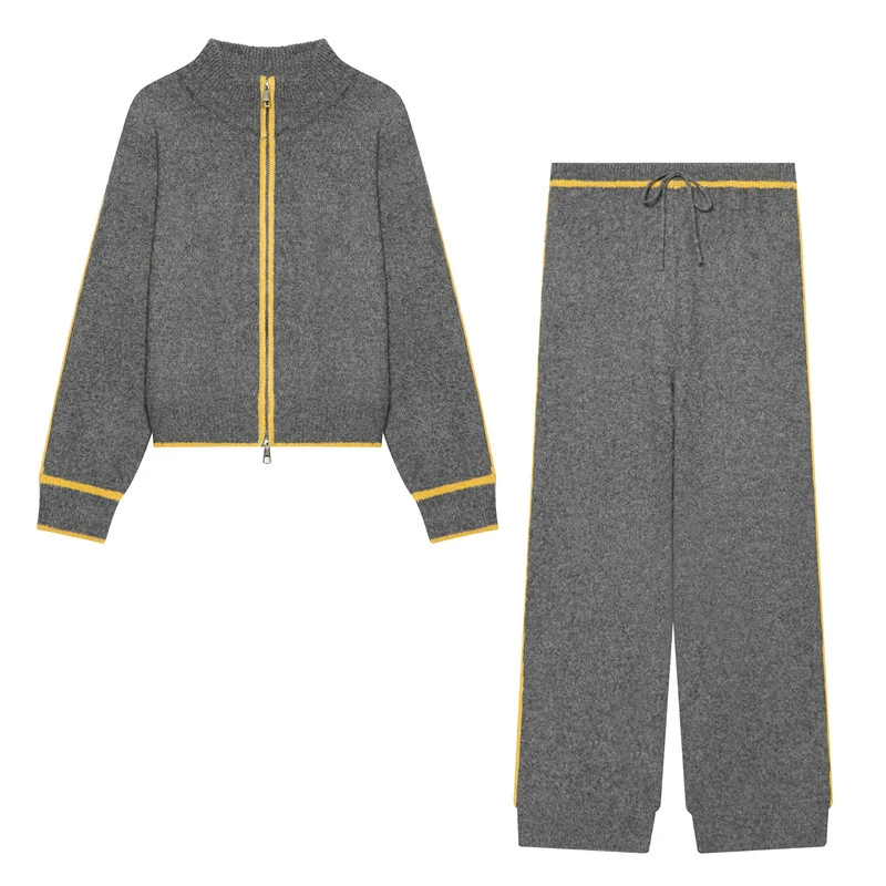 Damen Zweiteiliges Strick-Loungewear-Set mit kurzem Reißverschluss-Cardigan und hoher Bund-Palazzo-Hose Nord Taschen