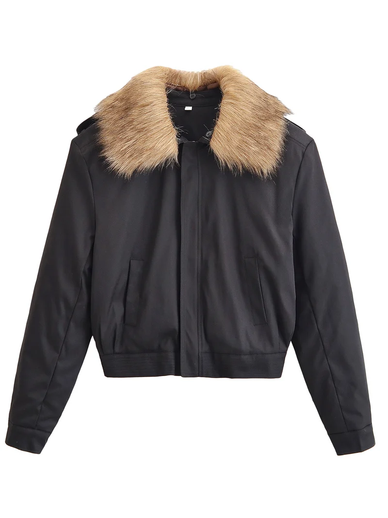 Damen Kurze Bomberjacke mit abnehmbarem Faux-Fur-Kragen Nord Taschen