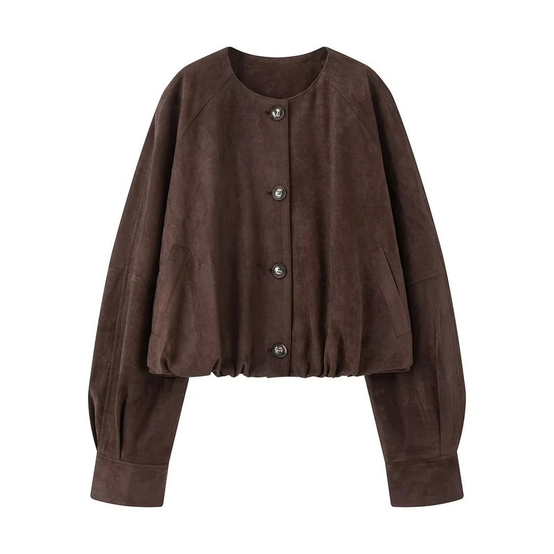 Damen Kurze Blousonjacke im Cropped-Look mit Rundhalsausschnitt und Ballonärmeln Nord Taschen