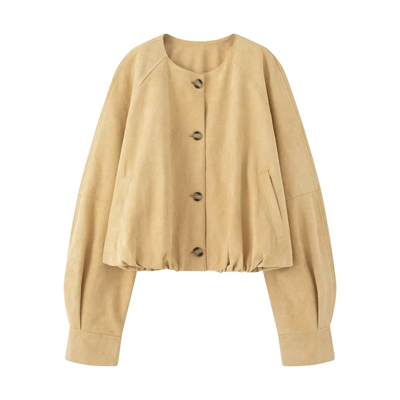 Damen Kurze Blousonjacke im Cropped-Look mit Rundhalsausschnitt und Ballonärmeln Nord Taschen
