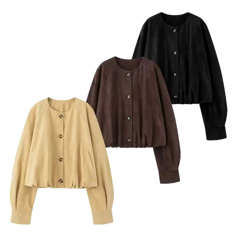 Damen Kurze Blousonjacke im Cropped-Look mit Rundhalsausschnitt und Ballonärmeln Nord Taschen