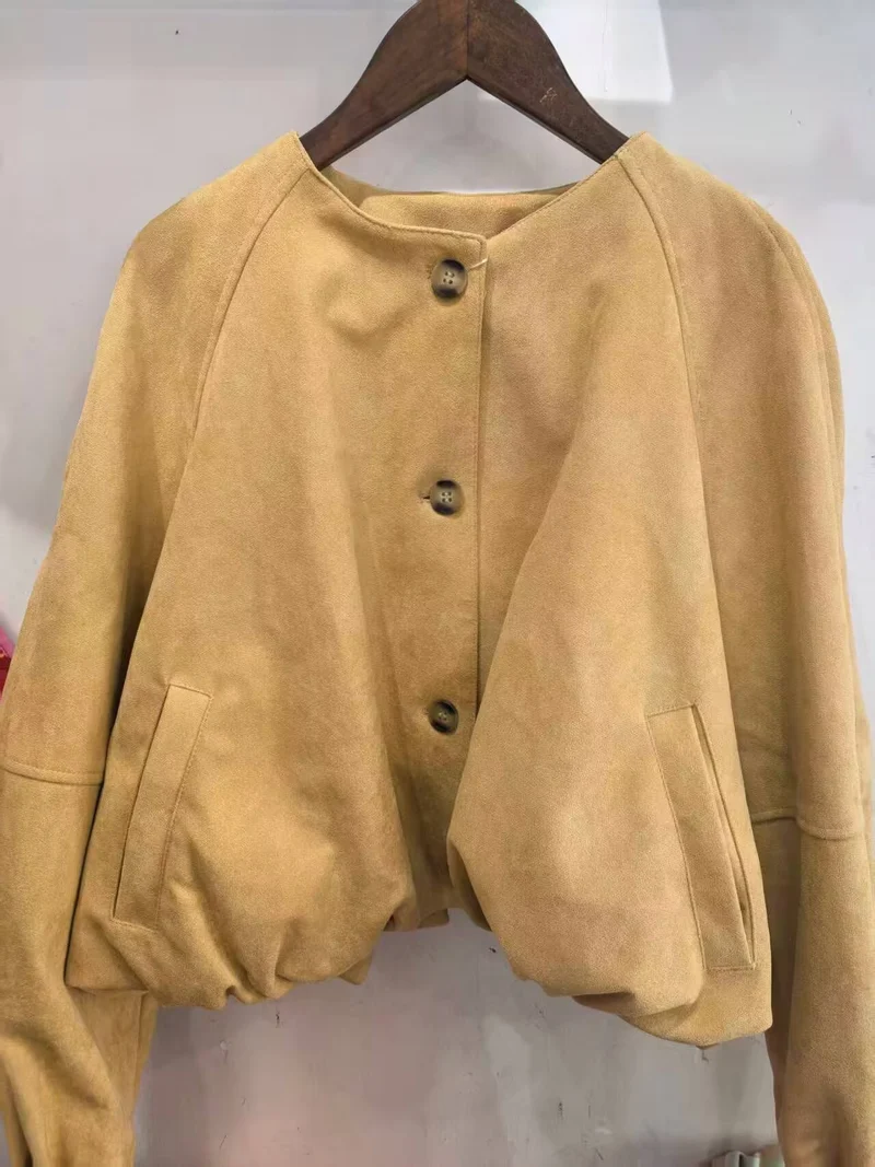 Damen Kurze Blousonjacke im Cropped-Look mit Rundhalsausschnitt und Ballonärmeln Nord Taschen