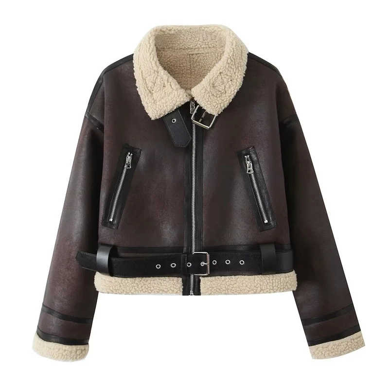 Damen Kurze Aviator‑Jacke aus Lederoptik mit Teddyfutter, Reißverschlusstaschen und Taillengürtel Nord Taschen