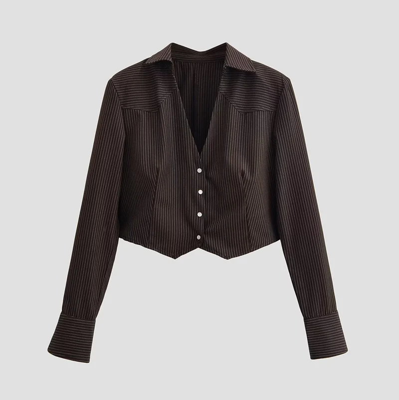 Damen Kurzbluse im Nadelstreifen-Look mit taillierter Schnittführung und spitzem Saum Nord Taschen