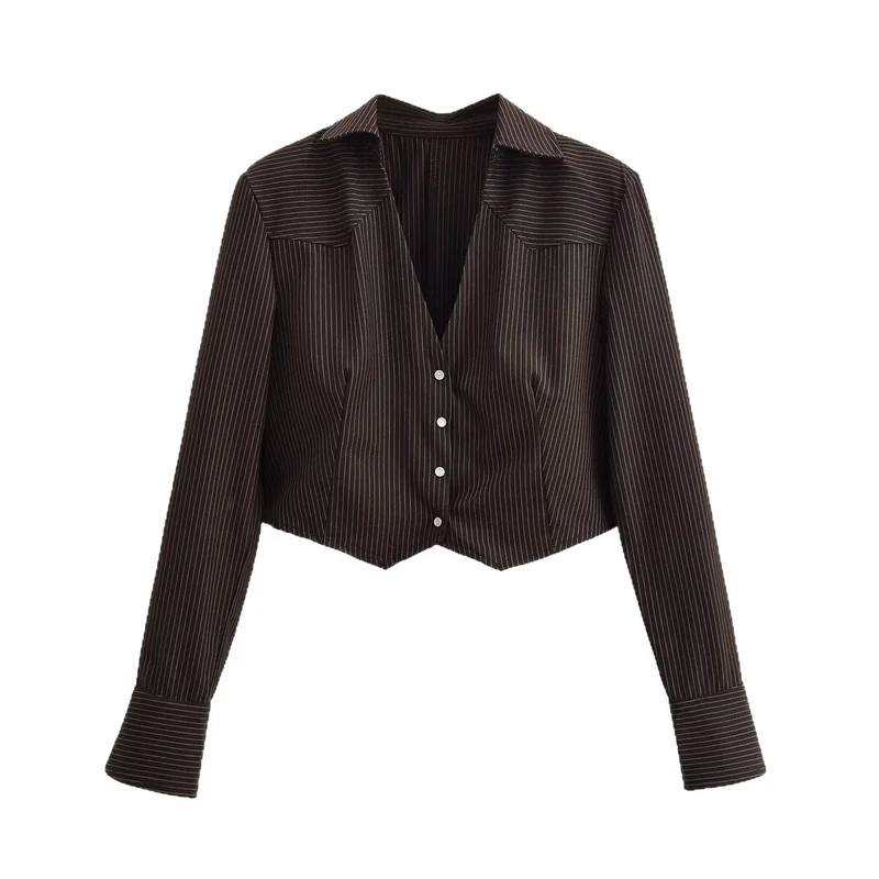 Damen Kurzbluse im Nadelstreifen-Look mit taillierter Schnittführung und spitzem Saum Nord Taschen