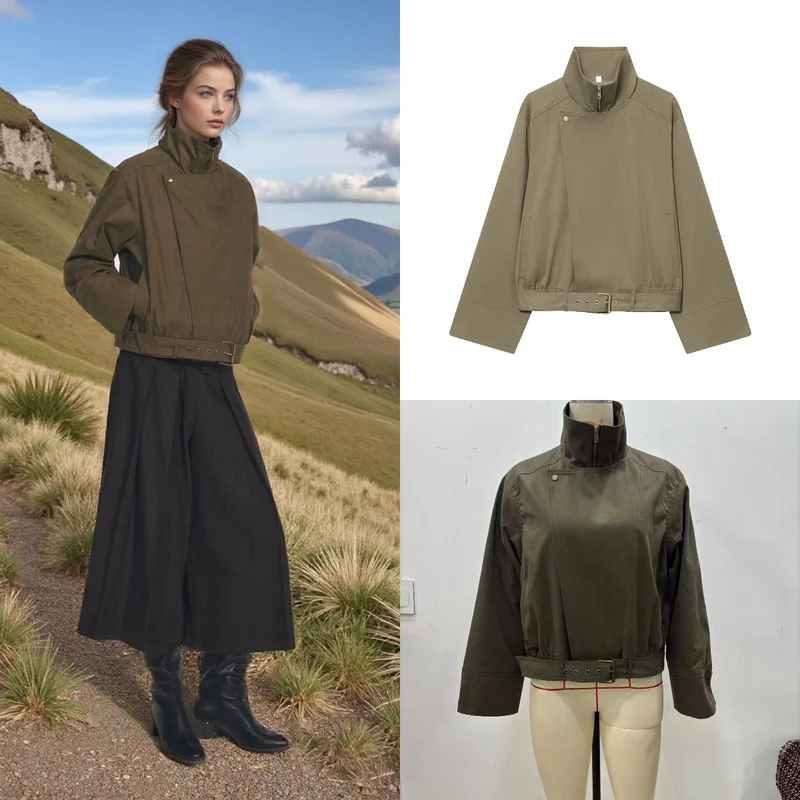 Damen Kurzblouson mit hohem Stehkragen, verdecktem Reißverschluss und Taillengürtel Nord Taschen