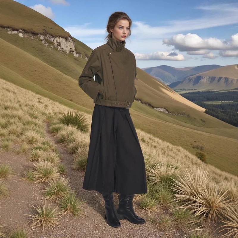 Damen Kurzblouson mit hohem Stehkragen, verdecktem Reißverschluss und Taillengürtel Nord Taschen