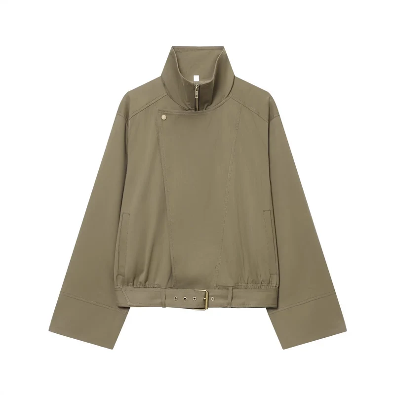 Damen Kurzblouson mit hohem Stehkragen, verdecktem Reißverschluss und Taillengürtel Nord Taschen
