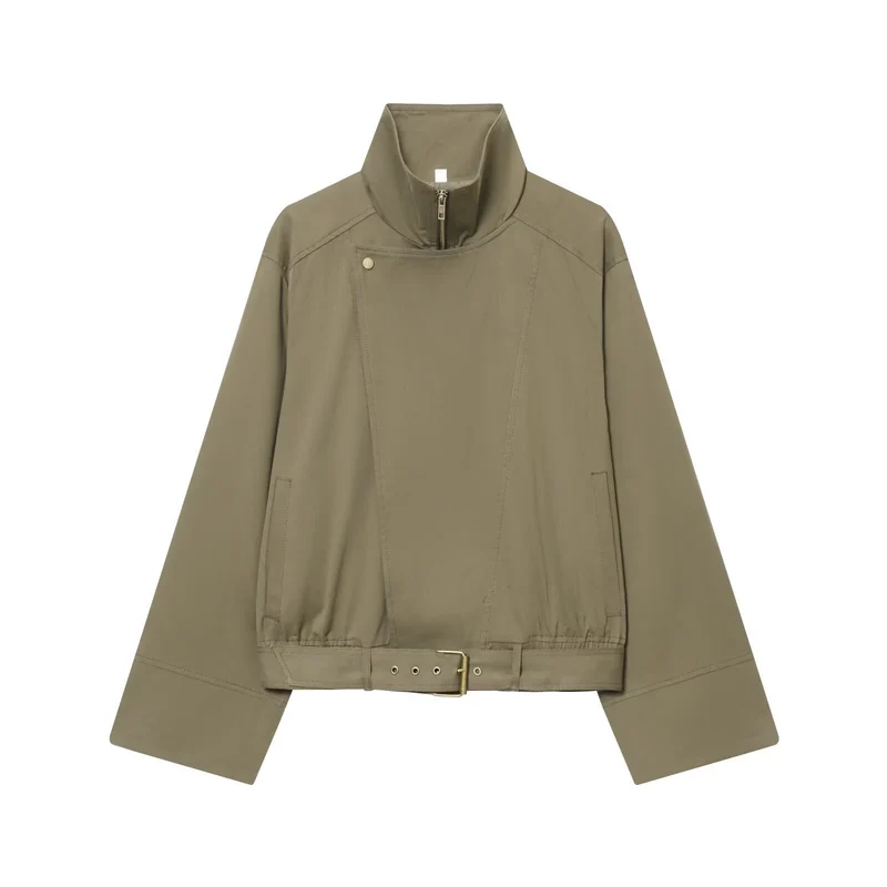 Damen Kurzblouson mit hohem Stehkragen, verdecktem Reißverschluss und Taillengürtel Nord Taschen