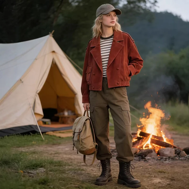 Damen Kurzblouson aus Veloursleder mit oversized Silhouette und doppelreihigem Revers Nord Taschen