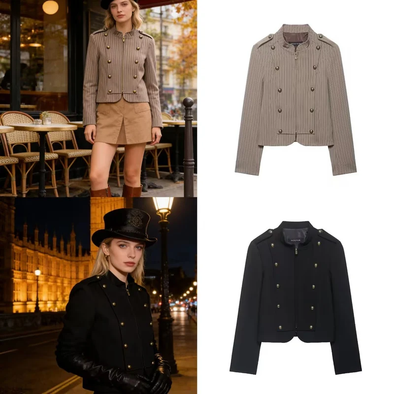 Damen Kurzblazer im Military‑Stil mit Stehkragen und Zierknöpfen Nord Taschen