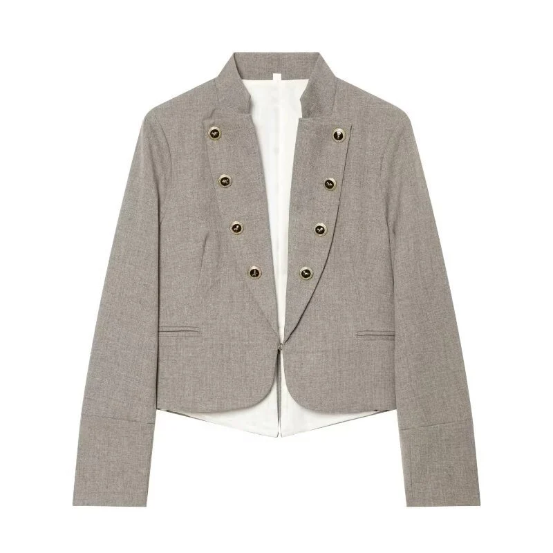 Damen Kurzblazer im Military‑Stil mit Stehkragen, doppelreihiger Zierknopfleiste und taillierter Silhouette Nord Taschen