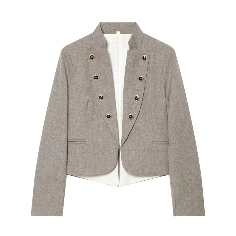 Damen Kurzblazer im Military‑Stil mit Stehkragen, doppelreihiger Zierknopfleiste und taillierter Silhouette Nord Taschen
