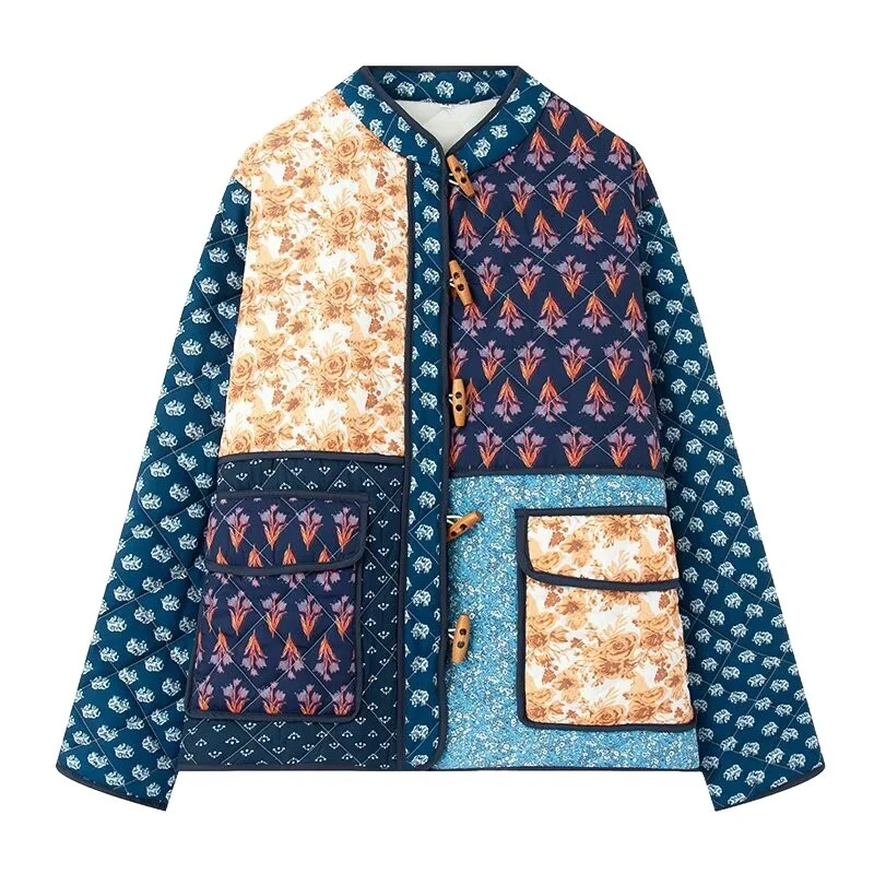 Damen Gefütterte Patchwork-Steppjacke mit Knebelverschlüssen und aufgesetzten Taschen Nord Taschen