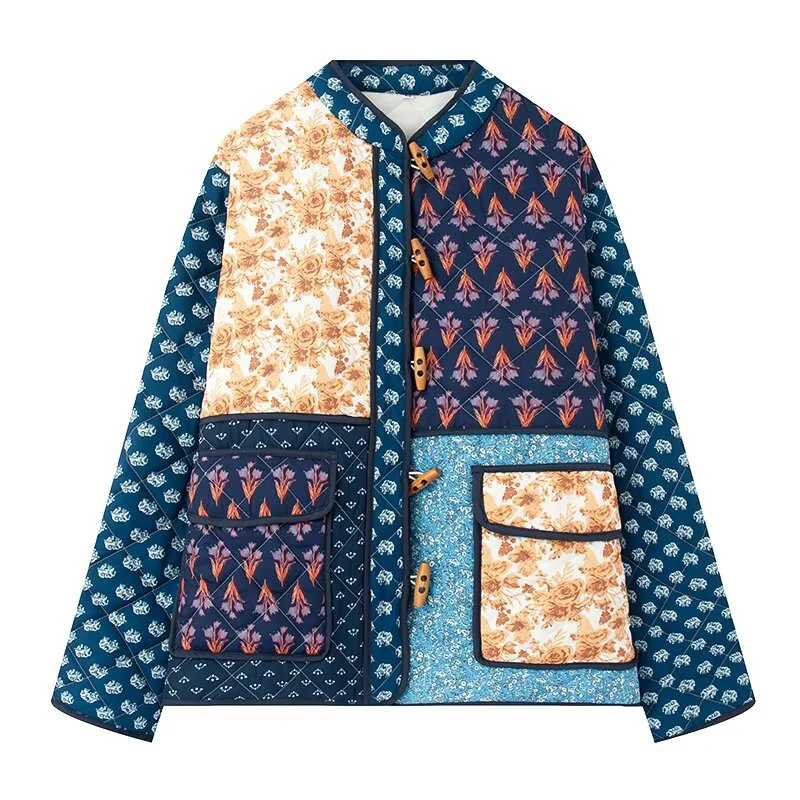 Damen Gefütterte Patchwork-Steppjacke mit Knebelverschlüssen und aufgesetzten Taschen Nord Taschen