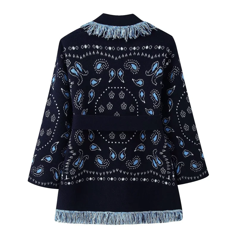 Damen Fransen-Kimono-Cardigan mit Paisley-Jacquard und Bindegürtel Nord Taschen