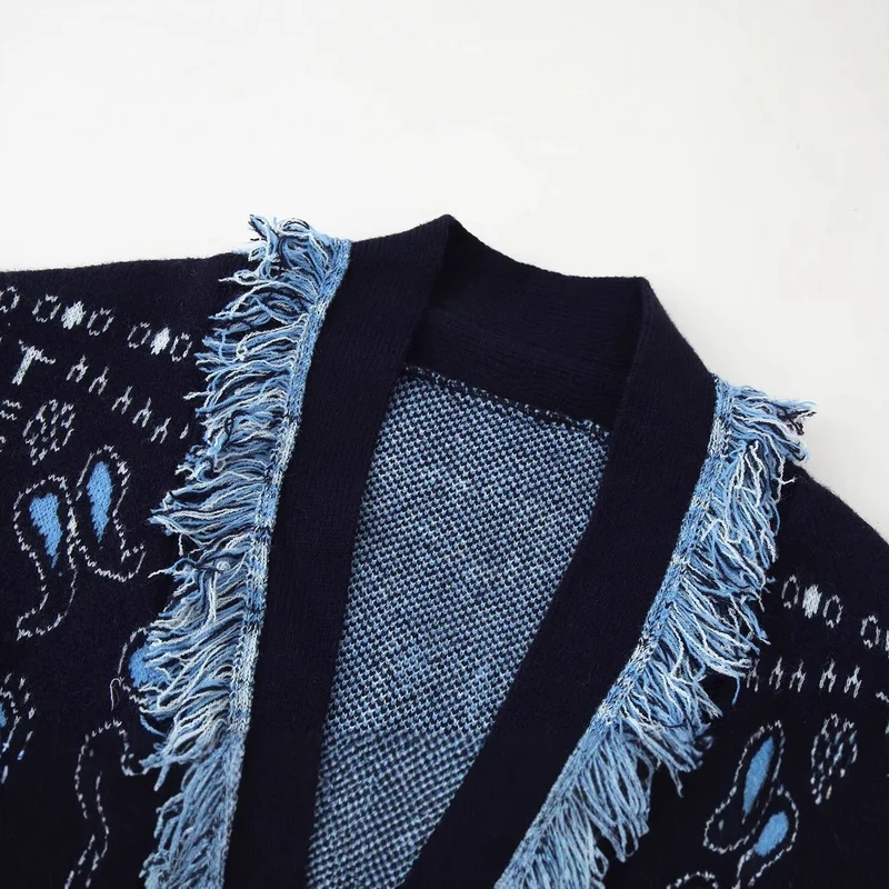 Damen Fransen-Kimono-Cardigan mit Paisley-Jacquard und Bindegürtel Nord Taschen