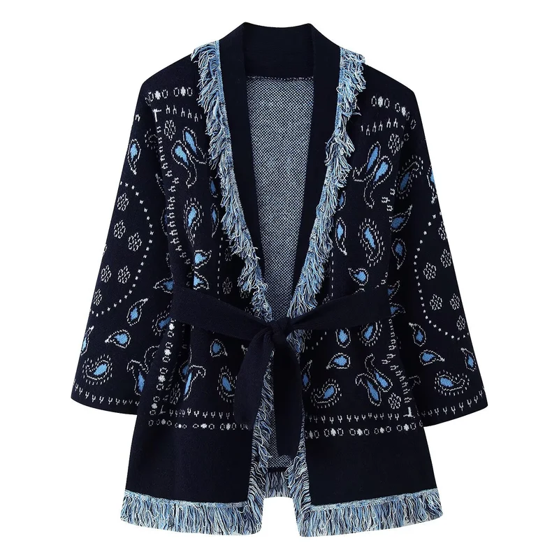 Damen Fransen-Kimono-Cardigan mit Paisley-Jacquard und Bindegürtel Nord Taschen