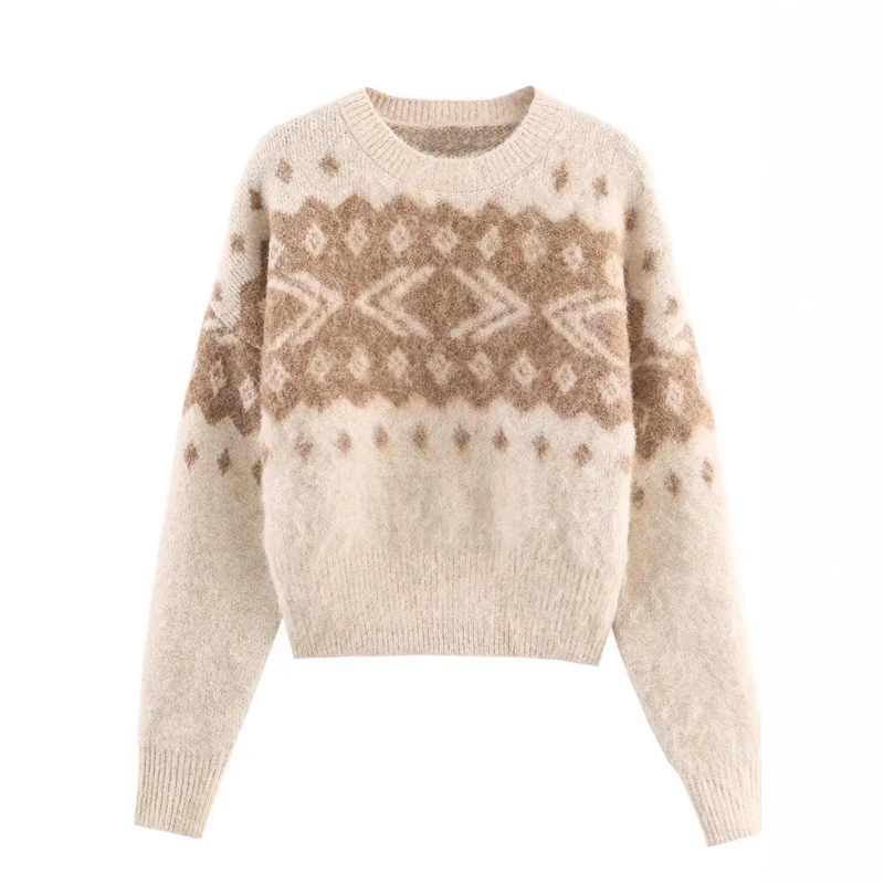 Damen Flauschiger Strickpullover mit Norwegermuster und kastiger Passform Nord Taschen