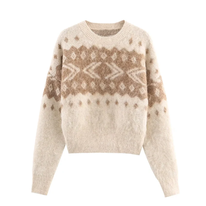 Damen Flauschiger Strickpullover mit Norwegermuster und kastiger Passform Nord Taschen