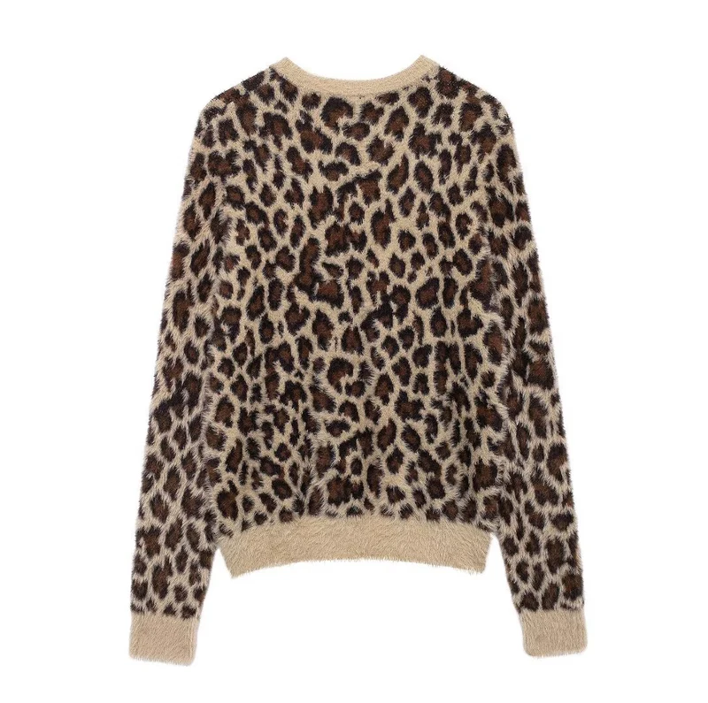 Damen Flauschiger Strickpullover mit Leopardenmuster und Rundhalsausschnitt Nord Taschen
