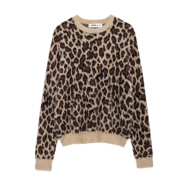 Damen Flauschiger Strickpullover mit Leopardenmuster und Rundhalsausschnitt Nord Taschen