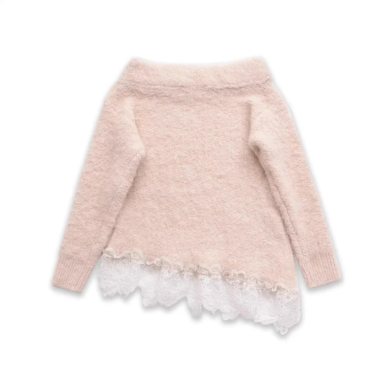 Damen Flauschiger Strickpullover mit Carmenausschnitt und Spitzenbesatz Nord Taschen