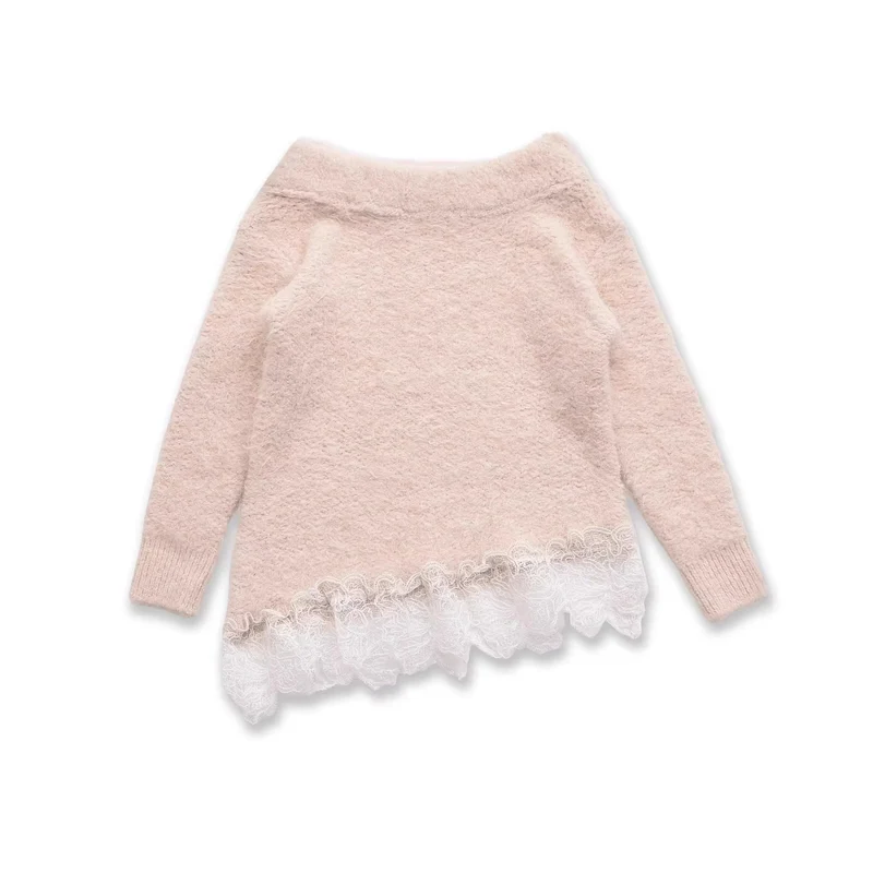 Damen Flauschiger Strickpullover mit Carmenausschnitt und Spitzenbesatz Nord Taschen