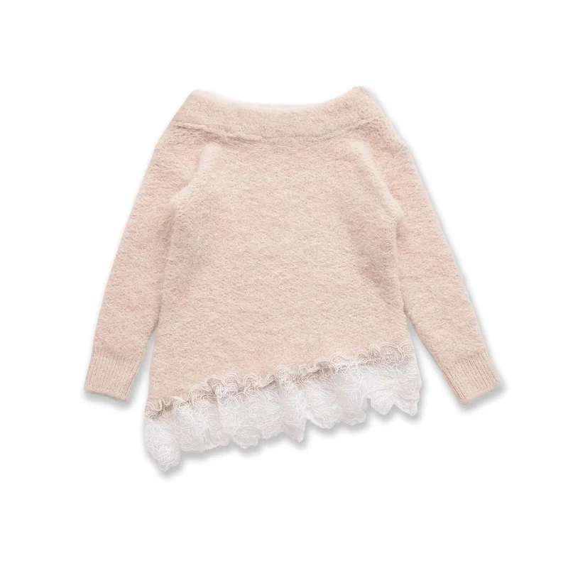 Damen Flauschiger Strickpullover mit Carmenausschnitt und Spitzenbesatz Nord Taschen
