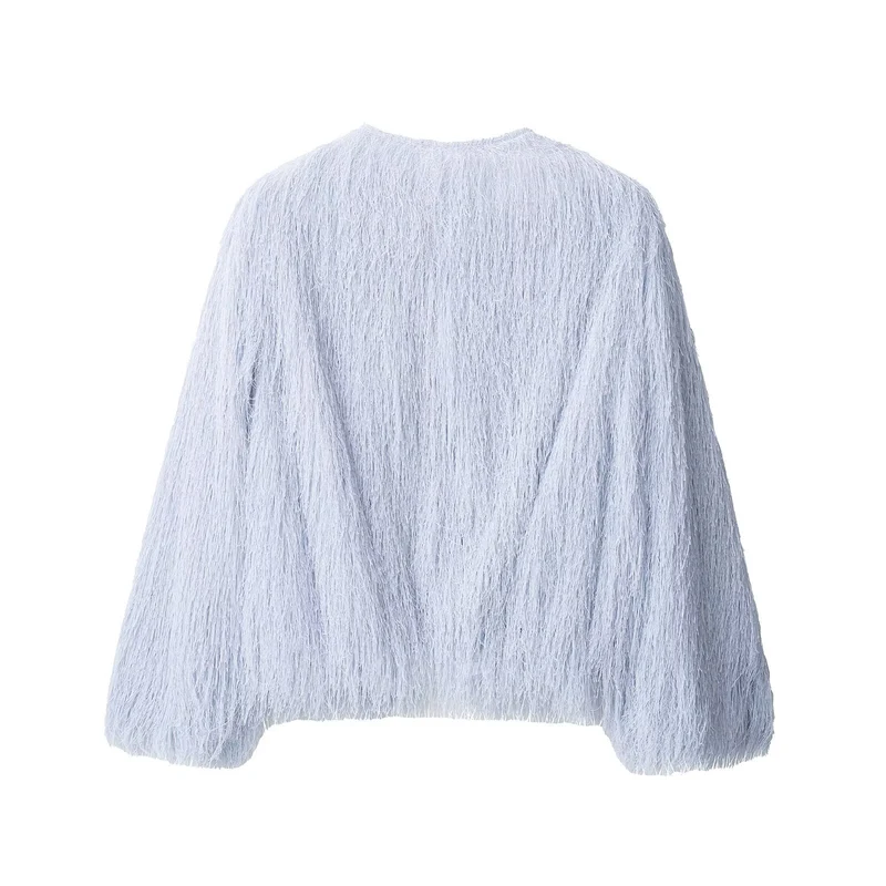 Damen Flauschige Fransenjacke mit Rundhalsausschnitt und Boxy-Schnitt Nord Taschen