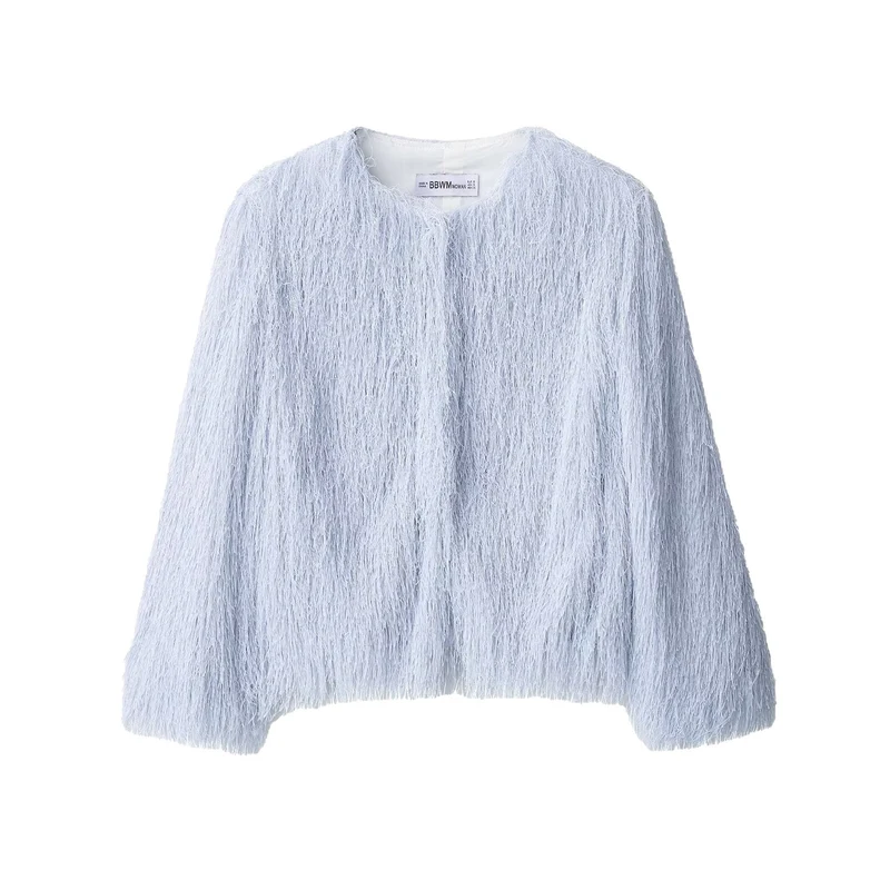 Damen Flauschige Fransenjacke mit Rundhalsausschnitt und Boxy-Schnitt Nord Taschen
