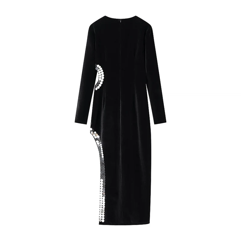Damen Figurbetontes Samt-Maxikleid mit langen Ärmeln und seitlicher Pailletten-Detailierung Nord Taschen