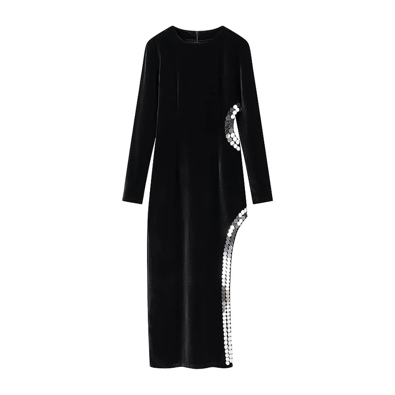 Damen Figurbetontes Samt-Maxikleid mit langen Ärmeln und seitlicher Pailletten-Detailierung Nord Taschen